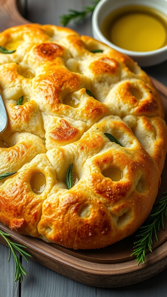 Herb Focaccia Bread Recipe Golden-brown focaccia bread with rosemary and olive oil on a wooden board.